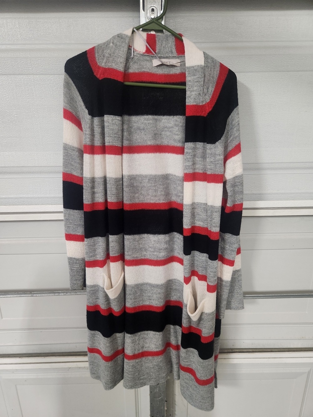 LOFT Striped Open-Front Knee Length Cardigan in Gray, Black & Red Size Large